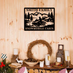 custom snowmobile cabin metal sign with mountain trees and cabin personalized family name snowmobile wall decor