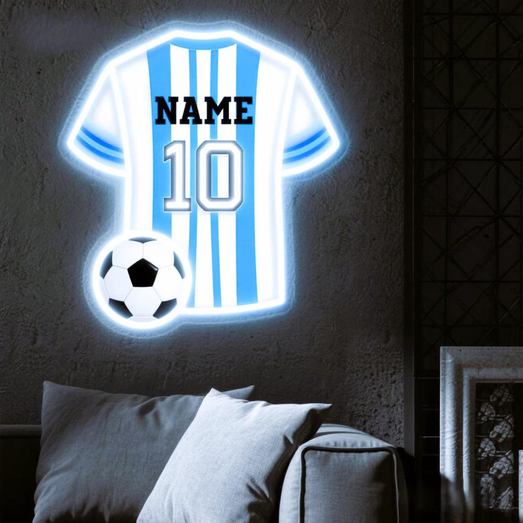 Custom soccer jersey LED neon sign with personalized name and number, multiple styles and sizes available