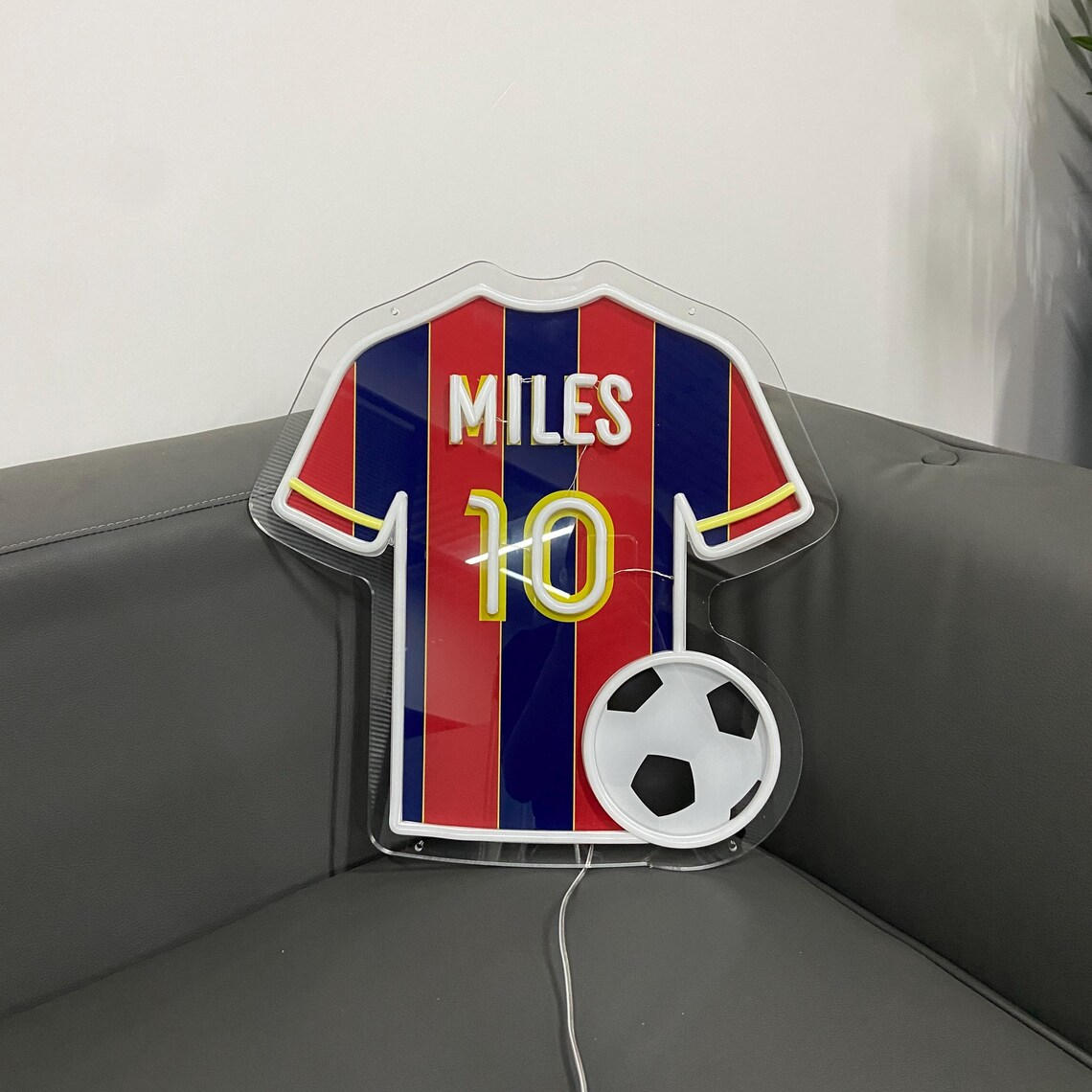 Custom soccer jersey LED neon sign with personalized name and number, multiple styles and sizes available