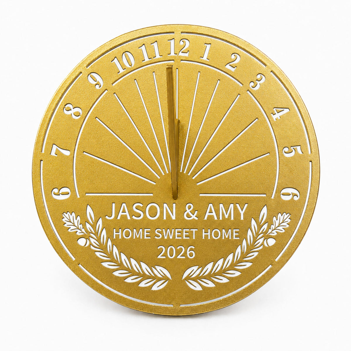 Custom stainless steel housewarming garden sundial in gold finish with personalized family names, custom message and year on a white background.