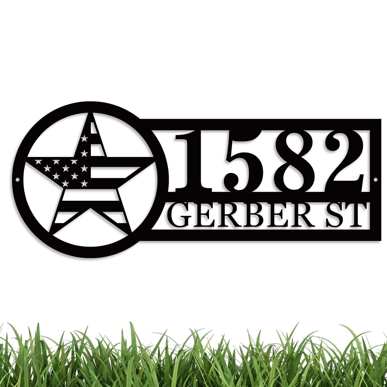 Custom star address sign with house number and street name, laser-cut from premium steel, powder coated, and designed for outdoor wall mounting. Main image