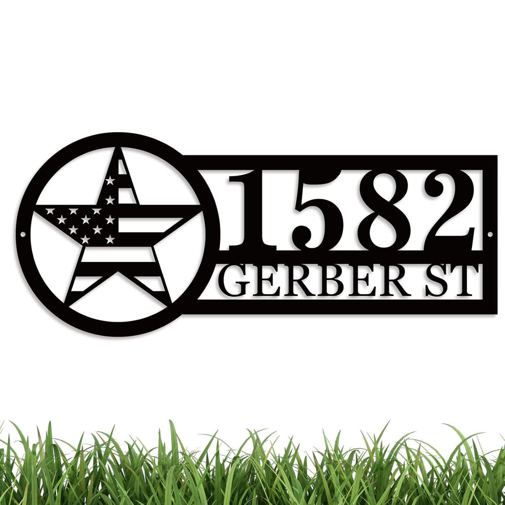 Custom star address sign with house number and street name, laser-cut from premium steel, powder coated, and designed for outdoor wall mounting.