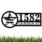 Custom star address sign with house number and street name, laser-cut from premium steel, powder coated, and designed for outdoor wall mounting.