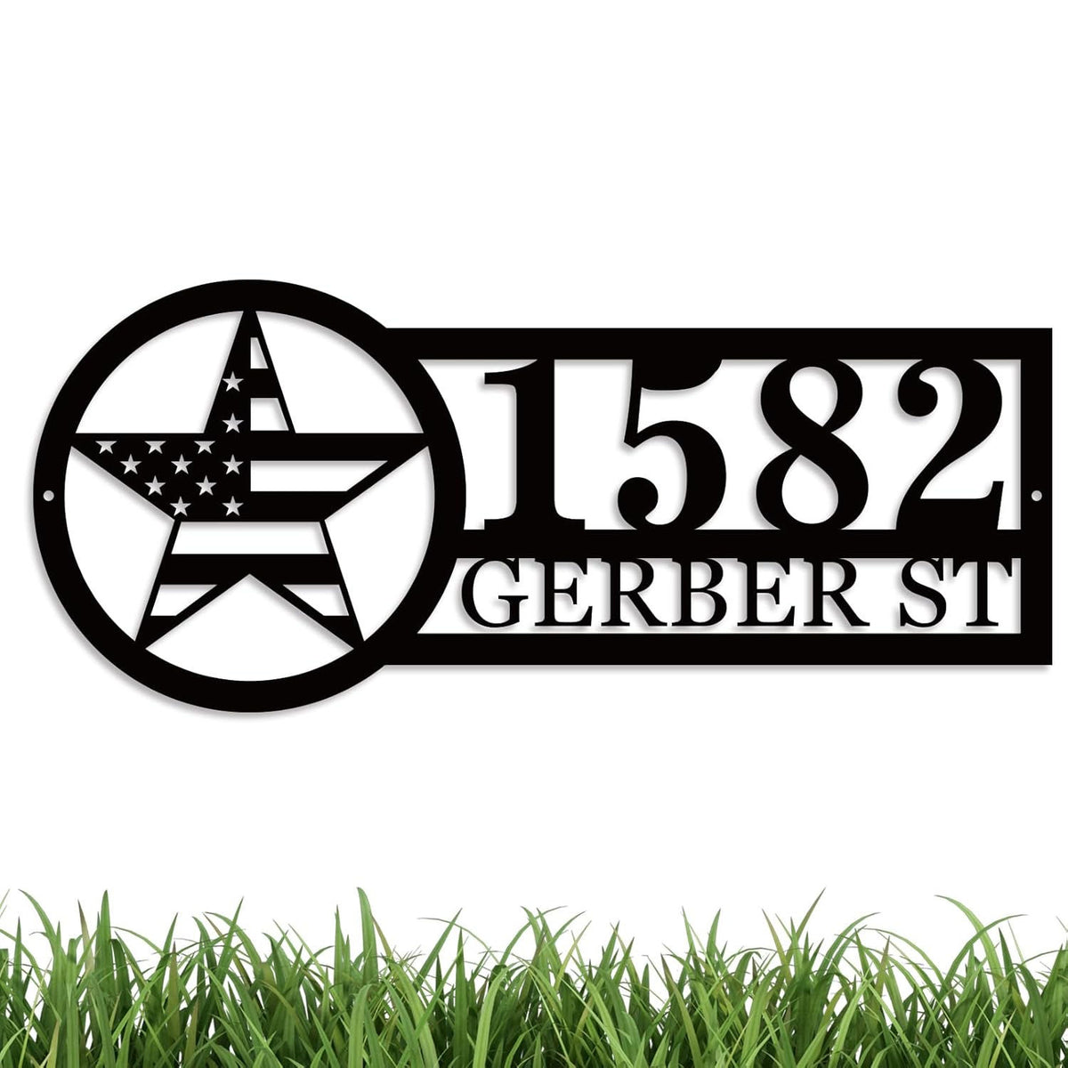 Custom star address sign with house number and street name, laser-cut from premium steel, powder coated, and designed for outdoor wall mounting.