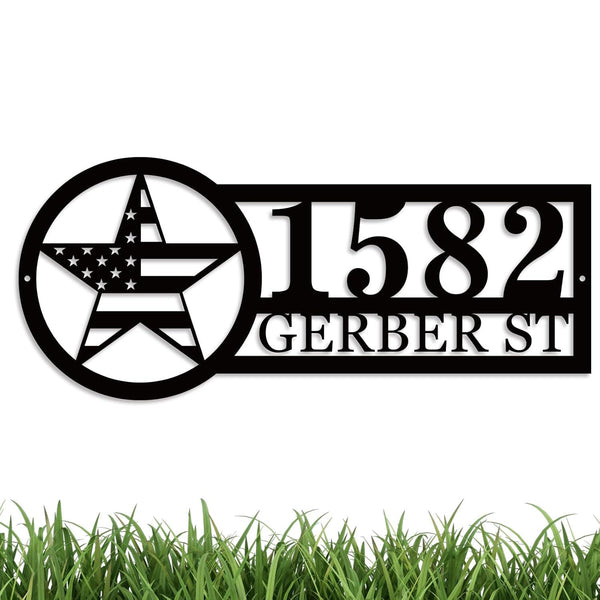 Custom star address sign with house number and street name, laser-cut from premium steel, powder coated, and designed for outdoor wall mounting.