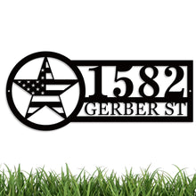 Custom star address sign with house number and street name, laser-cut from premium steel, powder coated, and designed for outdoor wall mounting.