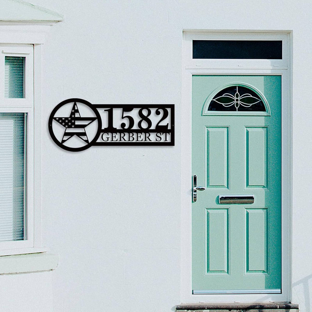 Custom star address sign with house number and street name, laser-cut from premium steel, powder coated, and designed for outdoor wall mounting.