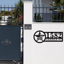 Custom star address sign with house number and street name, laser-cut from premium steel, powder coated, and designed for outdoor wall mounting.