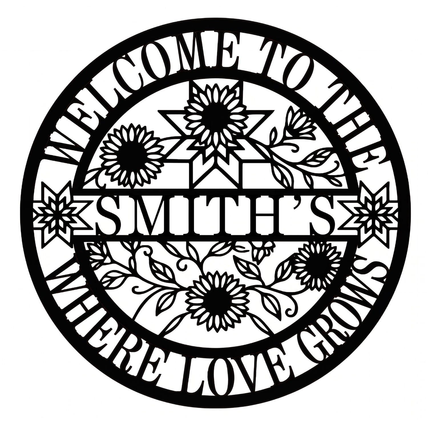 Custom round metal family name sign featuring laser-cut sunflowers and "Where Love Grows" text. Main image