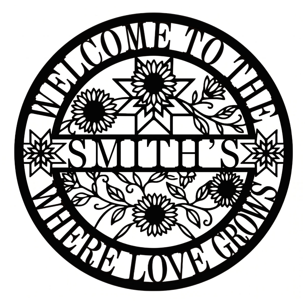 Custom round metal family name sign featuring laser-cut sunflowers and "Where Love Grows" text.