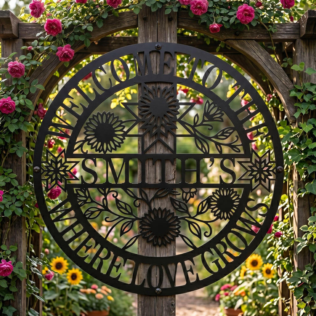 Custom round metal family name sign featuring laser-cut sunflowers and "Where Love Grows" text.