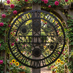 Custom round metal family name sign featuring laser-cut sunflowers and "Where Love Grows" text.