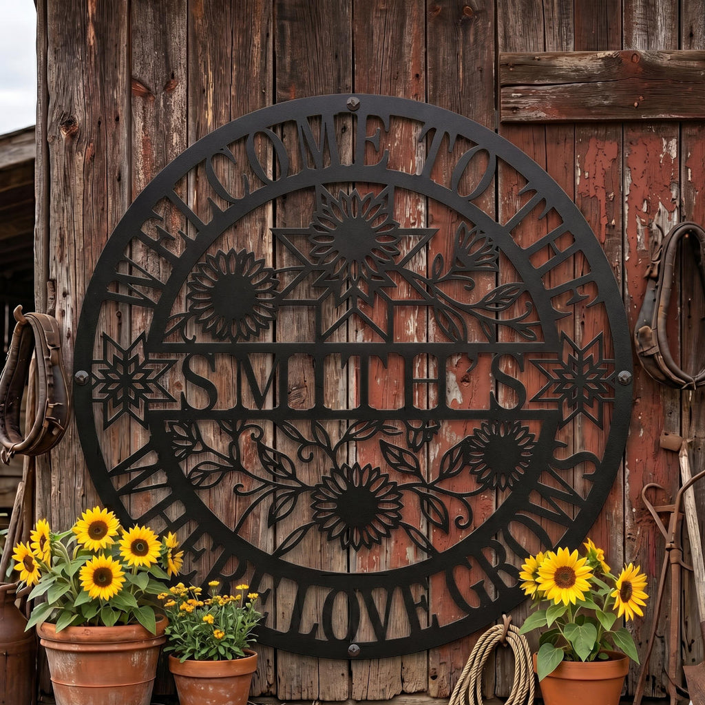Custom round metal family name sign featuring laser-cut sunflowers and "Where Love Grows" text.