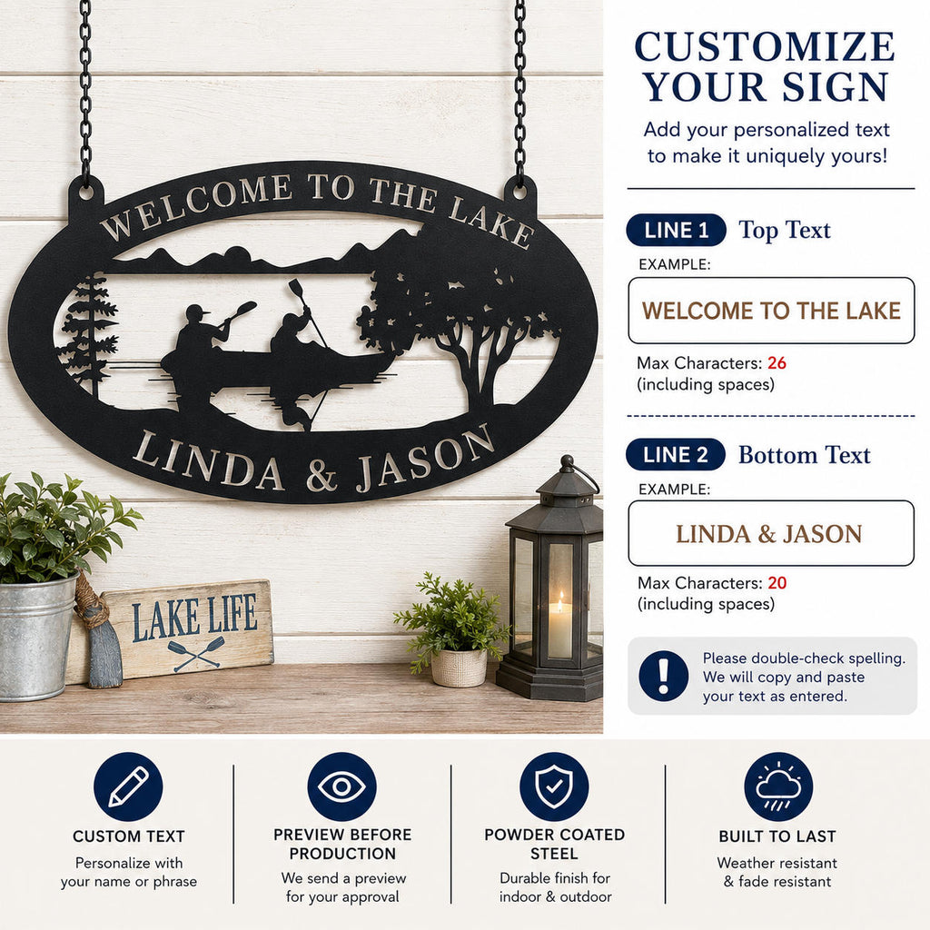 Custom text instruction guide showing personalization options for a lake house metal sign