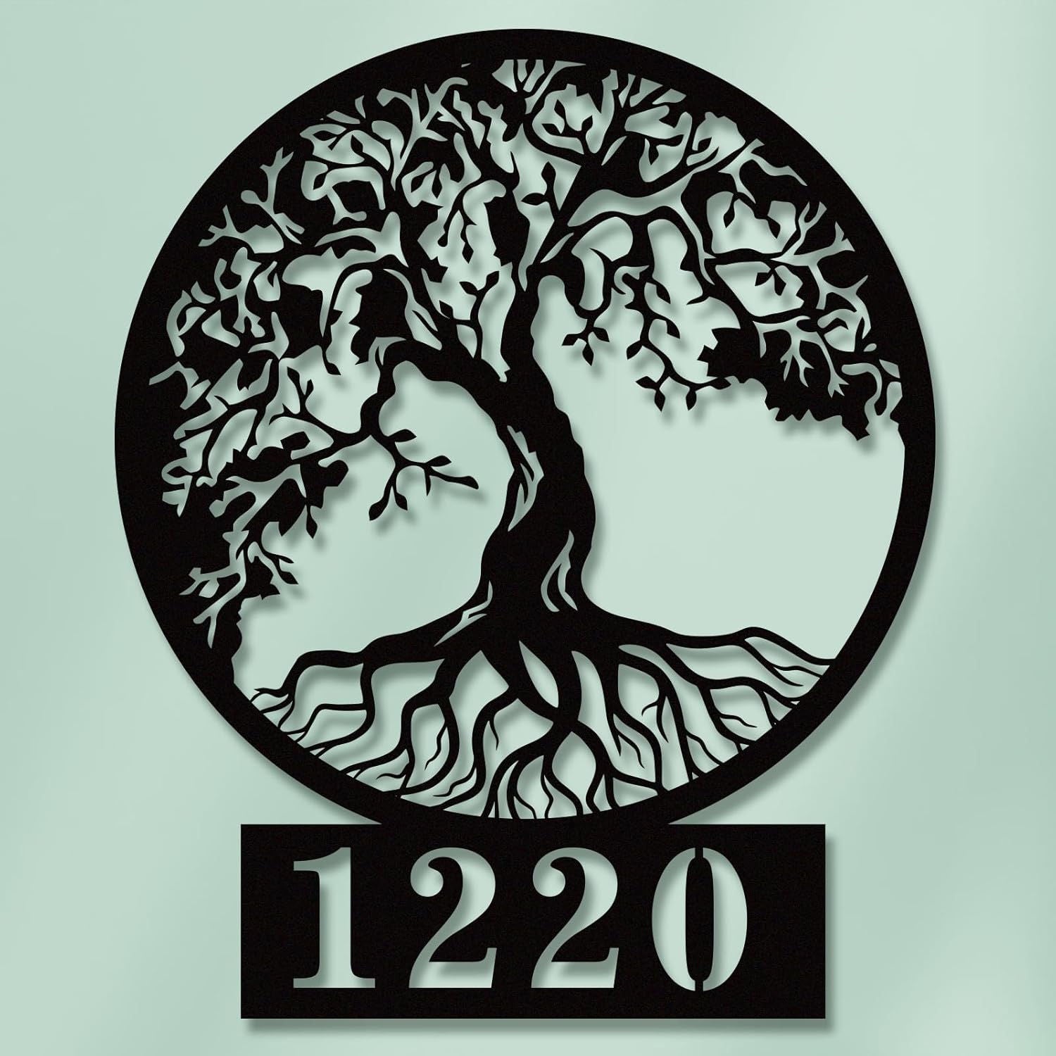 Custom metal address sign featuring Tree of Life design with house number, laser cut from steel and powder-coated for durability Main image