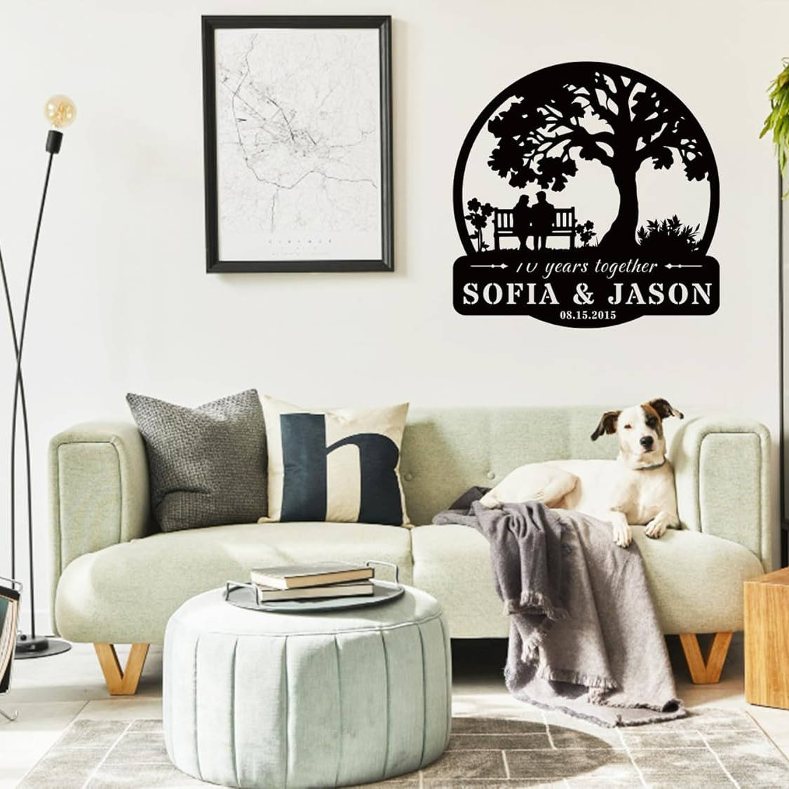 Custom tree metal sign with couple silhouette and personalized text, laser cut from steel and powder coated, ideal for wedding, anniversary, or family wall décor.