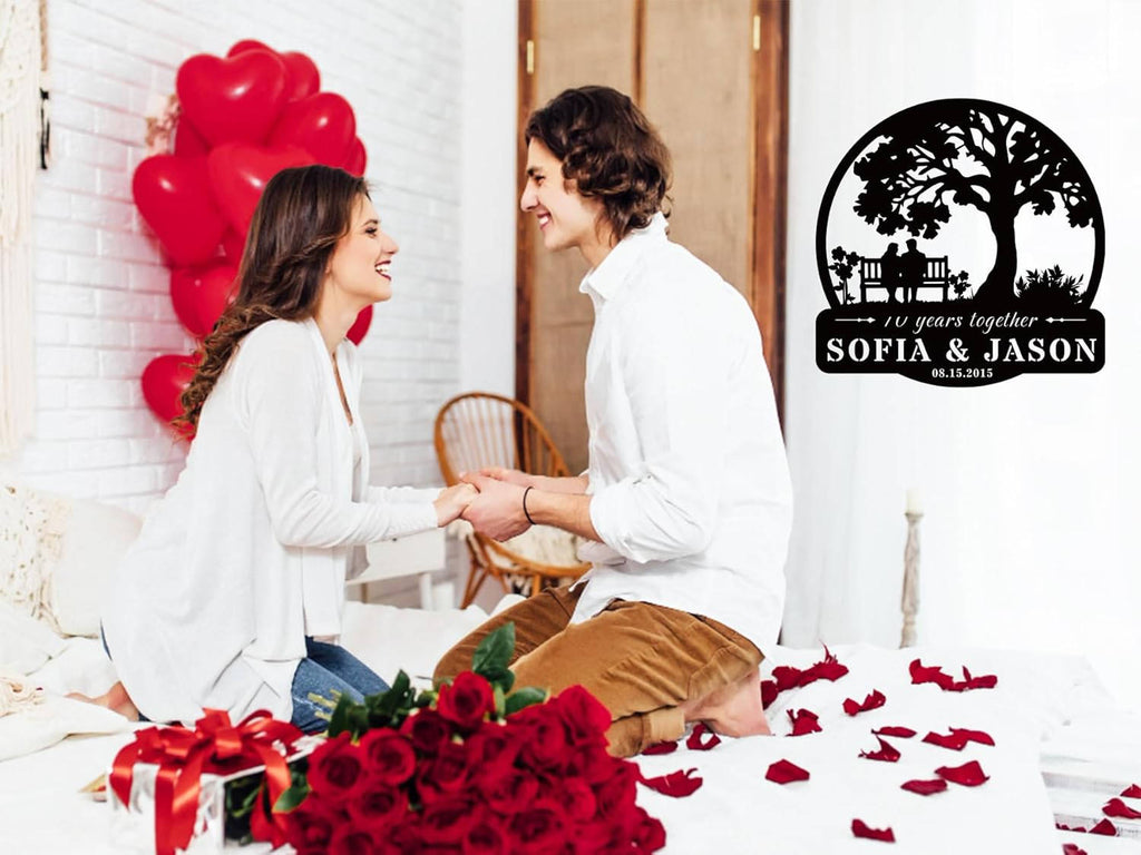 Custom tree metal sign with couple silhouette and personalized text, laser cut from steel and powder coated, ideal for wedding, anniversary, or family wall décor.