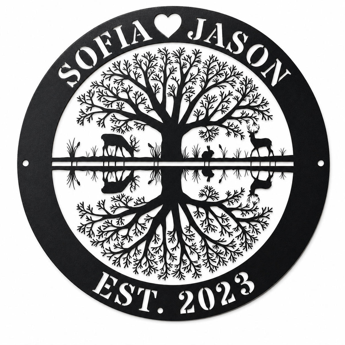 Custom family tree metal wall sign with personalized names deer scene and established year on white background Main image