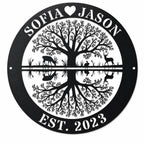 Custom family tree metal wall sign with personalized names deer scene and established year on white background