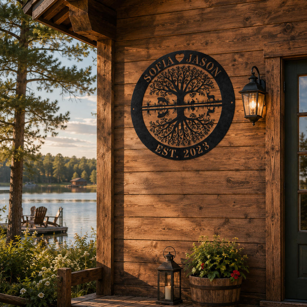 Personalized tree of life metal sign displayed on a rustic lake house exterior wall