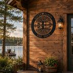 Personalized tree of life metal sign displayed on a rustic lake house exterior wall