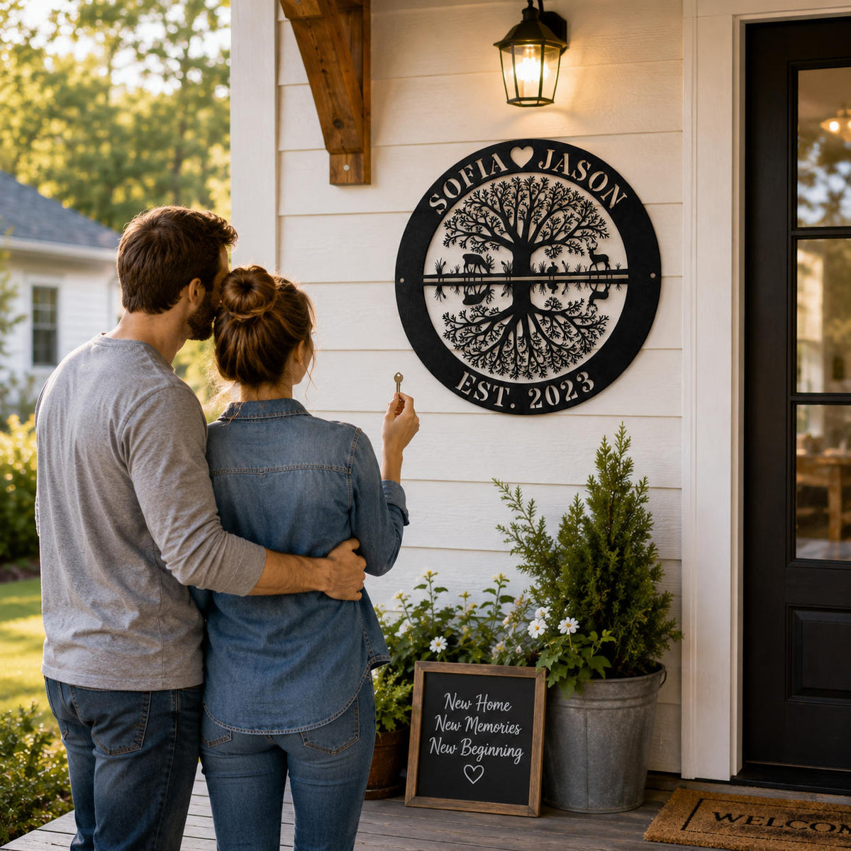 Personalized family name metal wall art displayed on a new homeowner’s porch