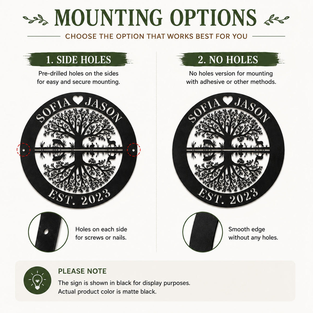 Metal sign mounting hole options including side holes and no holes version