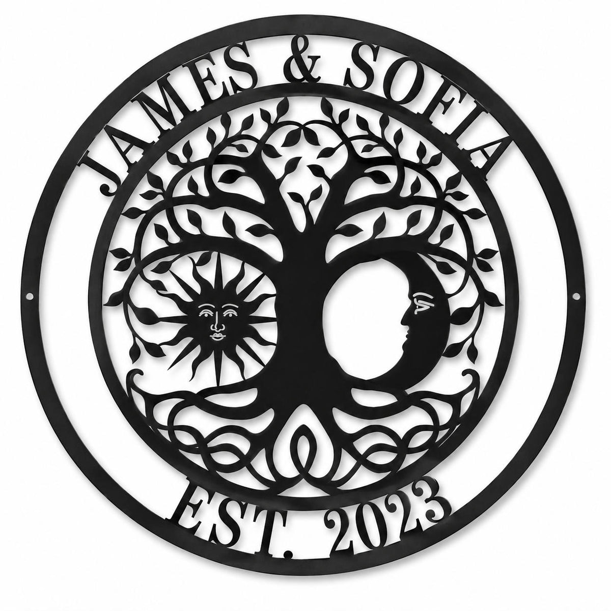 Personalized Tree of Life Metal Sign with Custom Family Names and Established Year, Round Metal Wall Decor