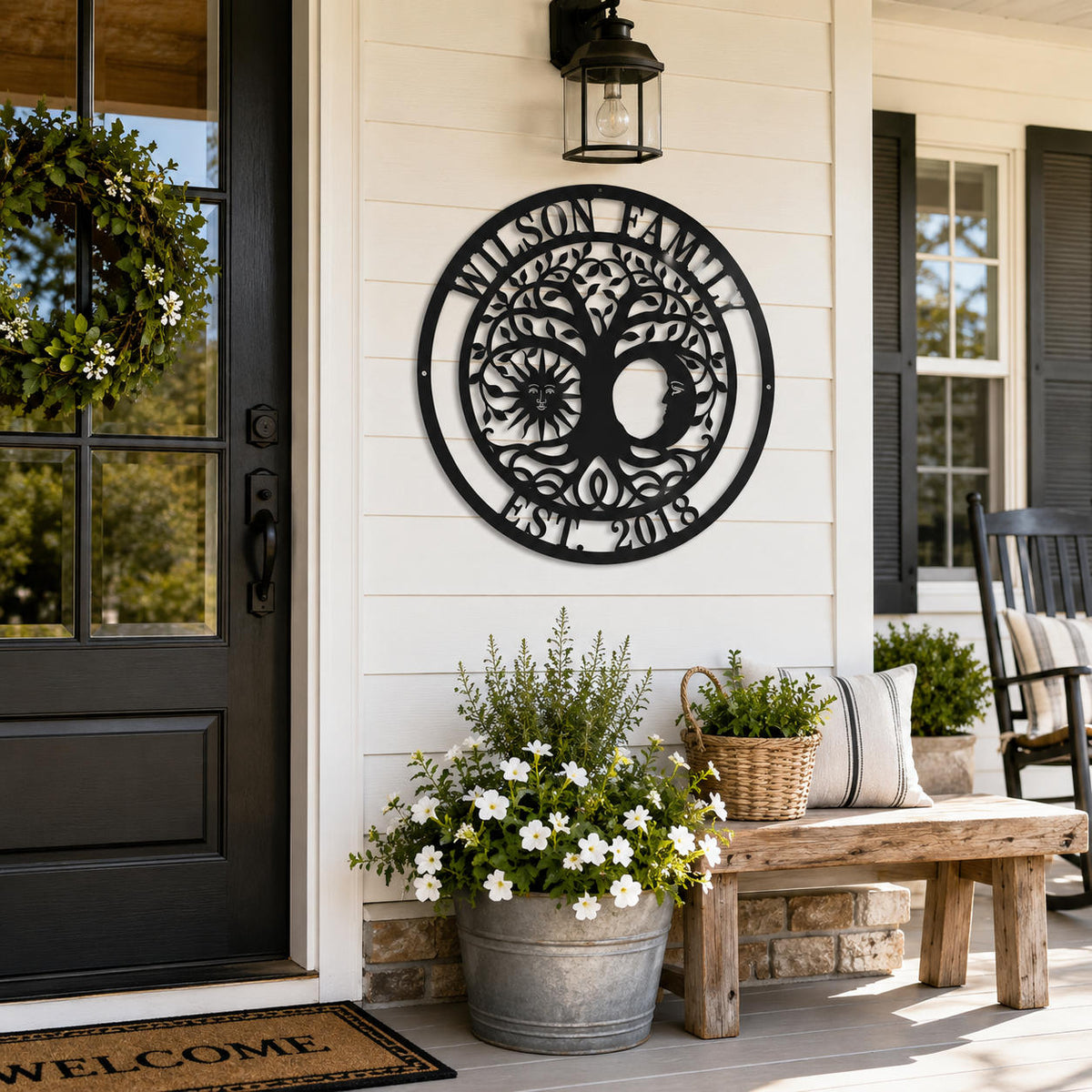 Custom Tree of Life Metal Sign with Family Name Displayed on Farmhouse Front Porch Wall Decor