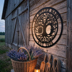 Custom Tree of Life Metal Sign with Family Name Displayed on Farmhouse Front Porch Wall Decor