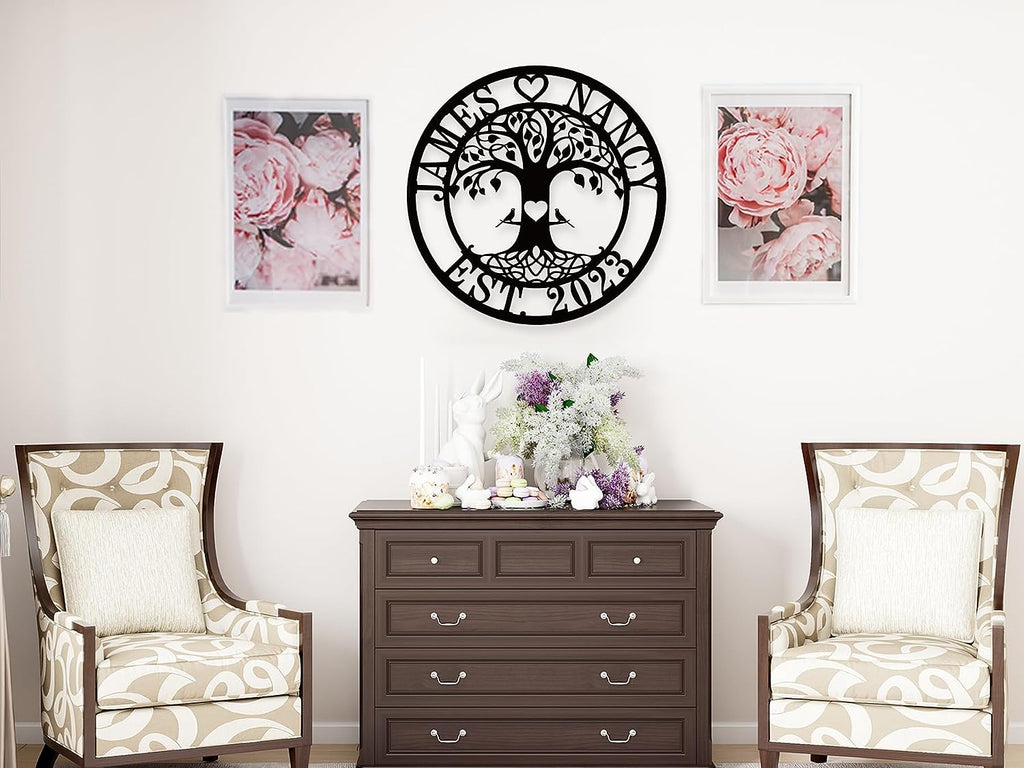Personalized tree of life metal sign with names, heart, lovebirds, and EST date – custom laser-cut steel wall art made to order based on customer input, perfect for weddings, anniversaries, and home décor