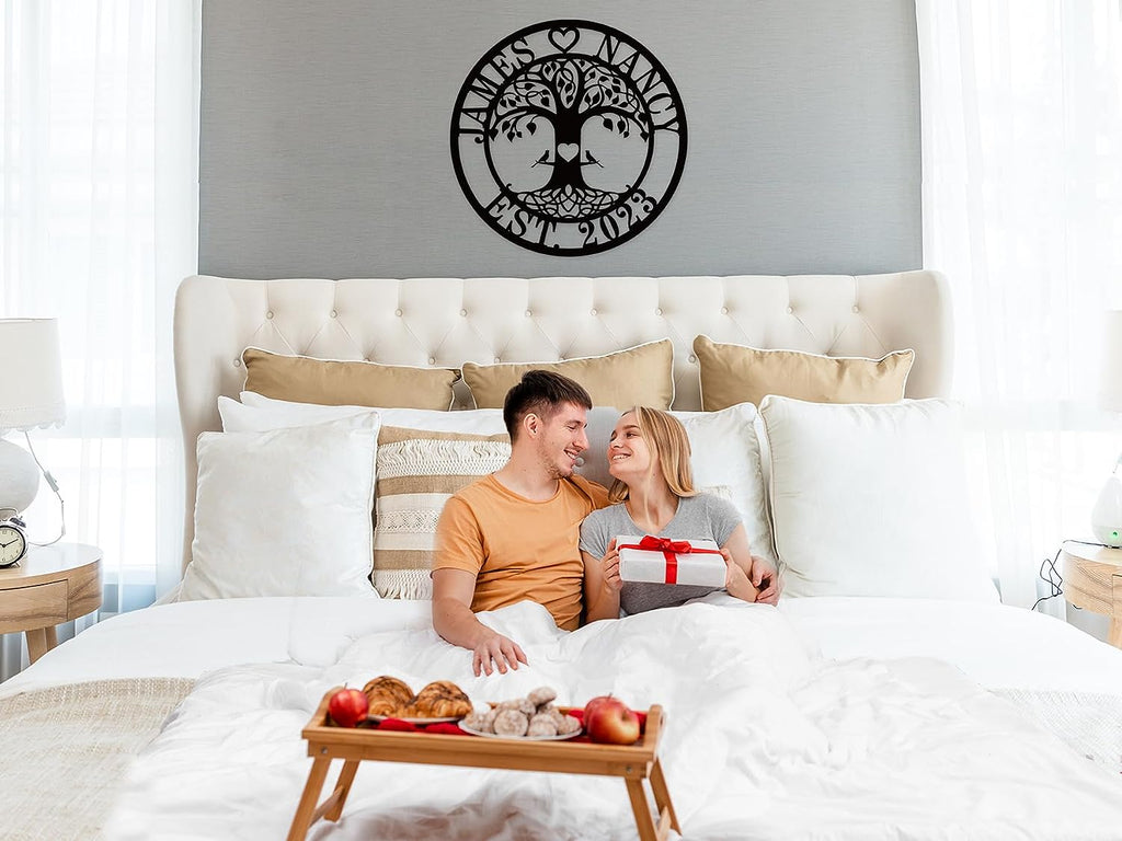 Personalized tree of life metal sign with names, heart, lovebirds, and EST date – custom laser-cut steel wall art made to order based on customer input, perfect for weddings, anniversaries, and home décor
