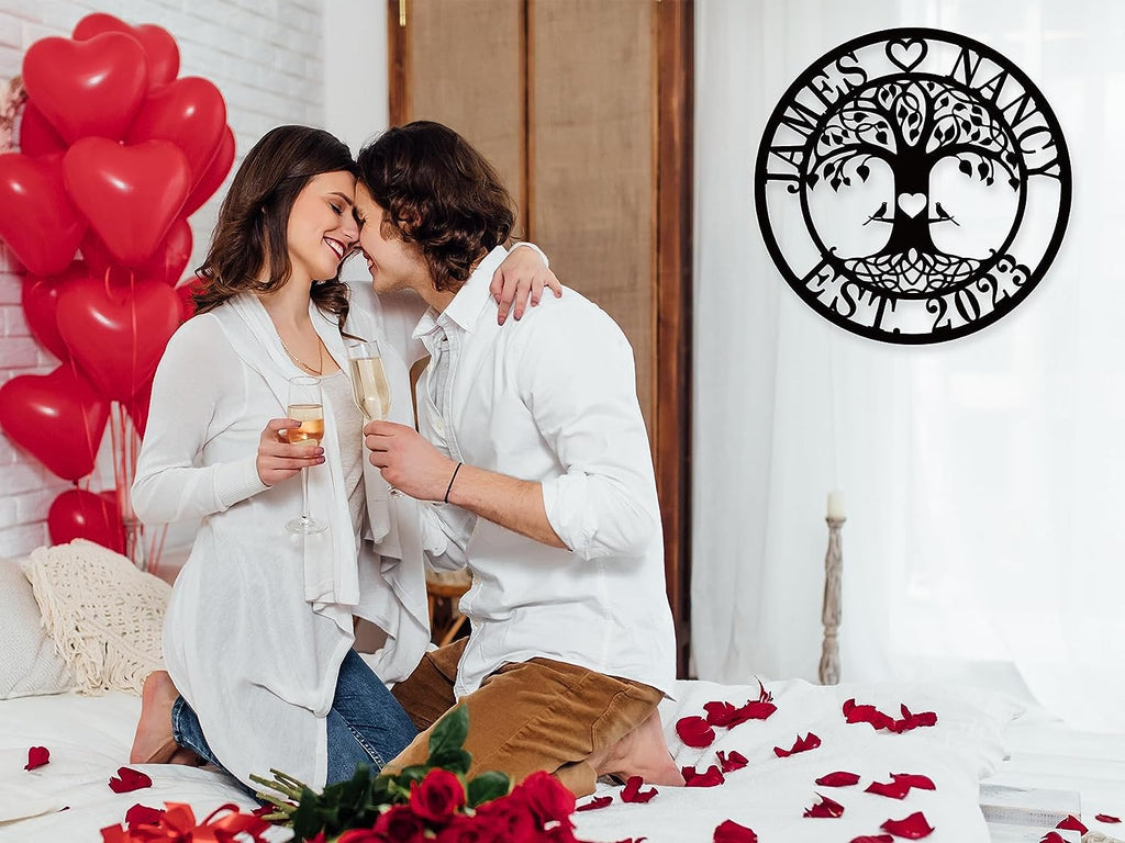 Personalized tree of life metal sign with names, heart, lovebirds, and EST date – custom laser-cut steel wall art made to order based on customer input, perfect for weddings, anniversaries, and home décor