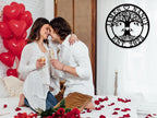 Personalized tree of life metal sign with names, heart, lovebirds, and EST date – custom laser-cut steel wall art made to order based on customer input, perfect for weddings, anniversaries, and home décor
