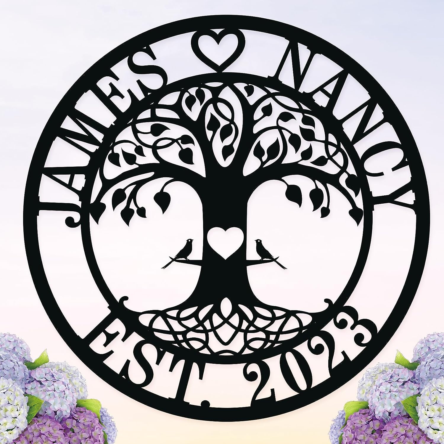 Personalized tree of life metal sign with names, heart, lovebirds, and EST date – custom laser-cut steel wall art made to order based on customer input, perfect for weddings, anniversaries, and home décor Main image