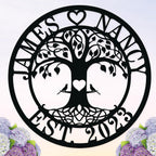 Personalized tree of life metal sign with names, heart, lovebirds, and EST date – custom laser-cut steel wall art made to order based on customer input, perfect for weddings, anniversaries, and home décor