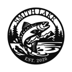Custom trout lake metal sign with jumping trout design, personalized lake name and year, round steel wall decor for fishing cabin or lake house