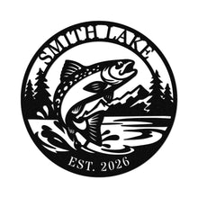 Custom trout lake metal sign with jumping trout design, personalized lake name and year, round steel wall decor for fishing cabin or lake house