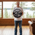 Custom trout lake metal sign with jumping trout design, personalized lake name and year, round steel wall decor for fishing cabin or lake house