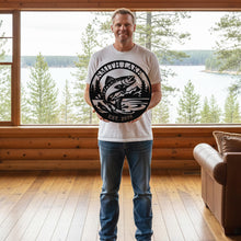 Custom trout lake metal sign with jumping trout design, personalized lake name and year, round steel wall decor for fishing cabin or lake house