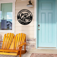 Custom trout lake metal sign with jumping trout design, personalized lake name and year, round steel wall decor for fishing cabin or lake house