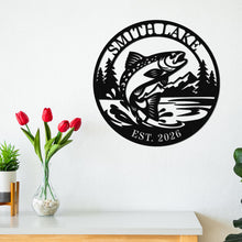 Custom trout lake metal sign with jumping trout design, personalized lake name and year, round steel wall decor for fishing cabin or lake house