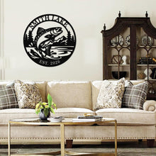 Custom trout lake metal sign with jumping trout design, personalized lake name and year, round steel wall decor for fishing cabin or lake house