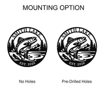 Custom trout lake metal sign with jumping trout design, personalized lake name and year, round steel wall decor for fishing cabin or lake house