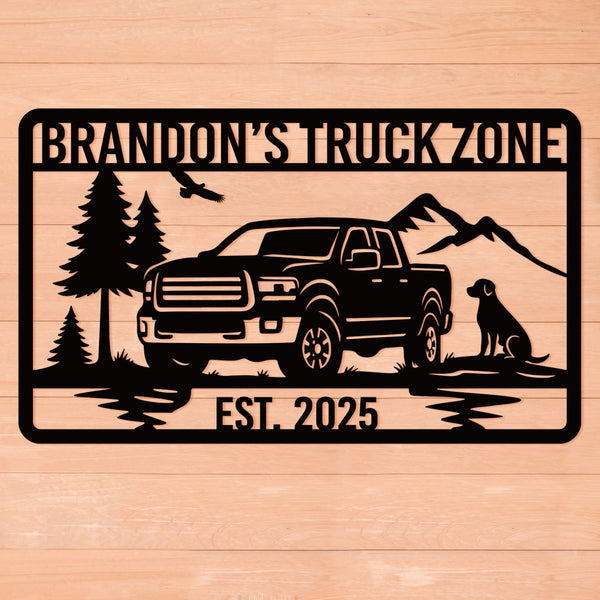 Personalized off-road truck metal sign with custom name and year, featuring a pickup silhouette, mountains, and trees, laser-cut from premium powder-coated steel for indoor or outdoor use.