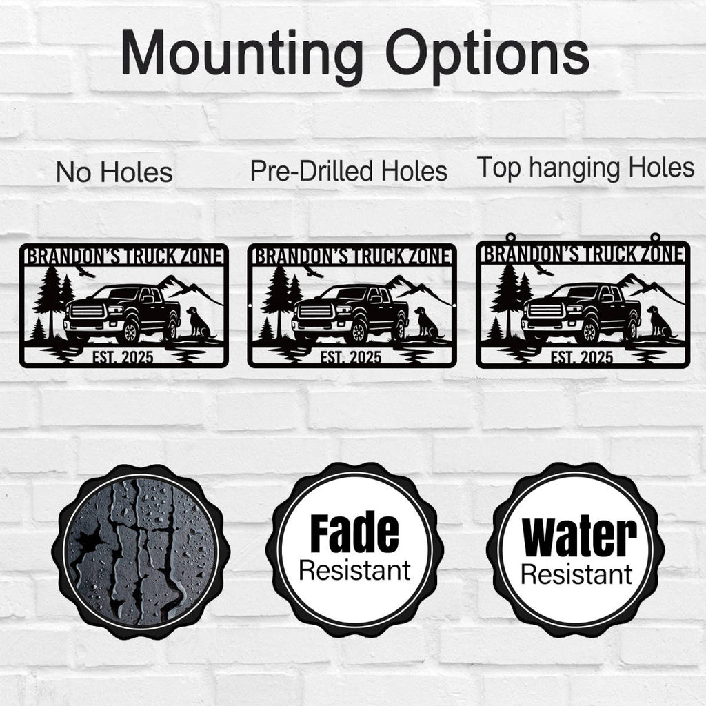 Personalized off-road truck metal sign with custom name and year, featuring a pickup silhouette, mountains, and trees, laser-cut from premium powder-coated steel for indoor or outdoor use.