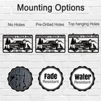 Personalized off-road truck metal sign with custom name and year, featuring a pickup silhouette, mountains, and trees, laser-cut from premium powder-coated steel for indoor or outdoor use.