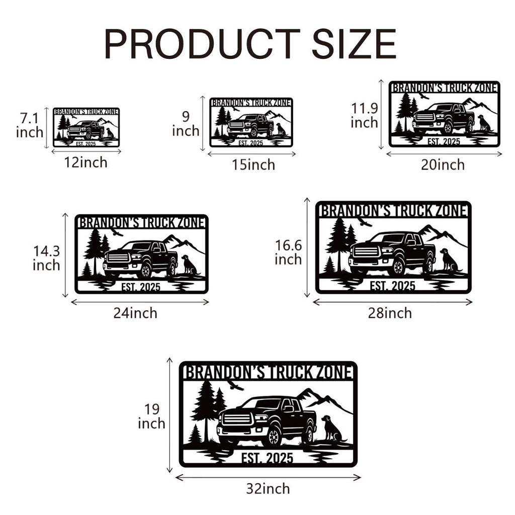 Personalized off-road truck metal sign with custom name and year, featuring a pickup silhouette, mountains, and trees, laser-cut from premium powder-coated steel for indoor or outdoor use.