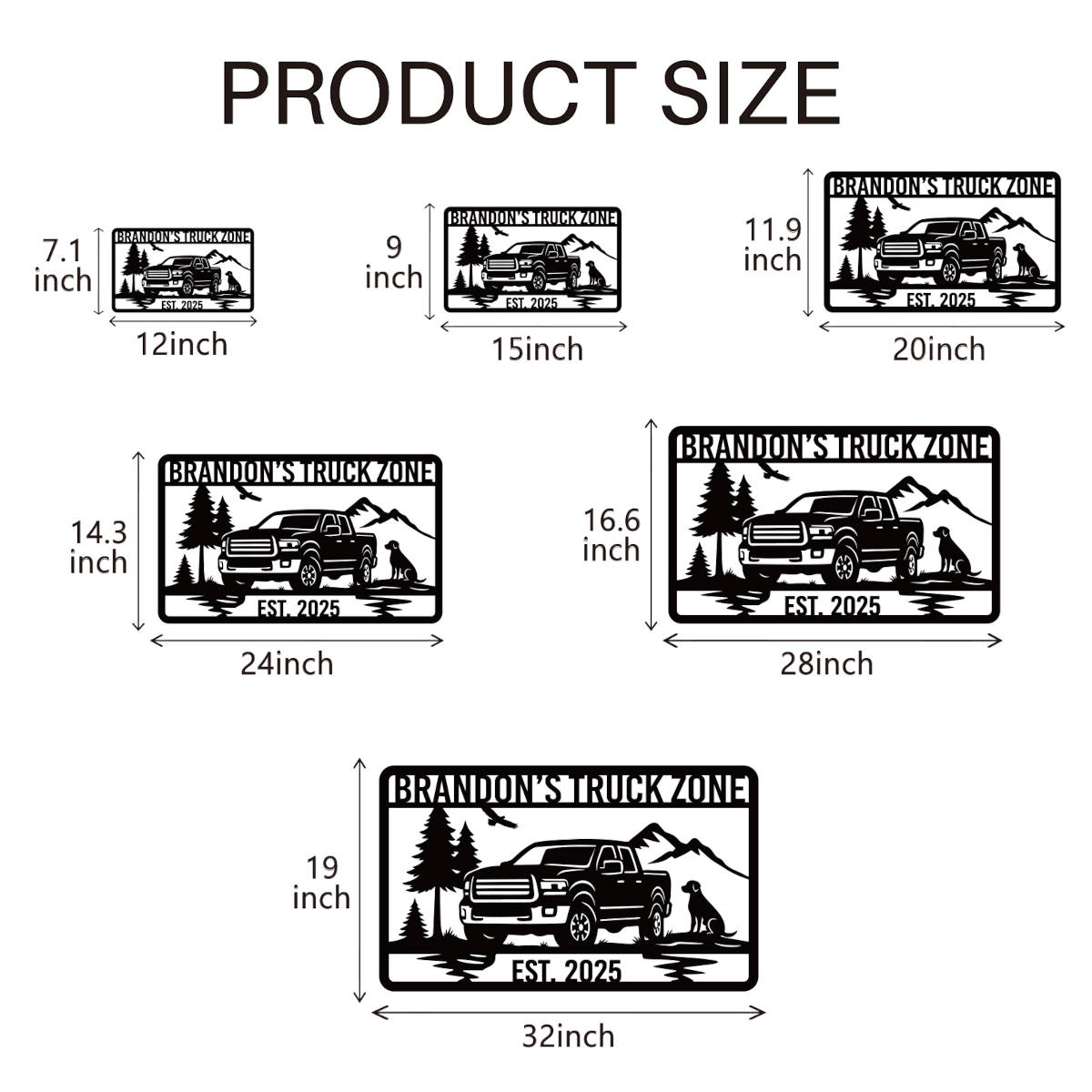 Personalized off-road truck metal sign with custom name and year, featuring a pickup silhouette, mountains, and trees, laser-cut from premium powder-coated steel for indoor or outdoor use.
