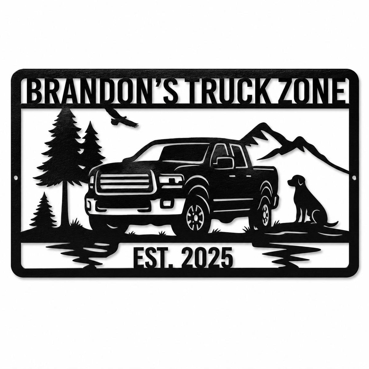 Personalized truck metal sign with pickup truck, mountain, dog and forest design on a clean white background. Main image